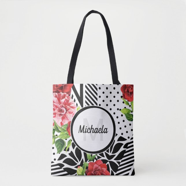 Trendy Geometric Stripe Muster Red Foral Monogram Tasche (Vorderseite)