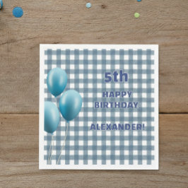 Trendy Gingham Blue 5th Birthday Personalized Serviette
