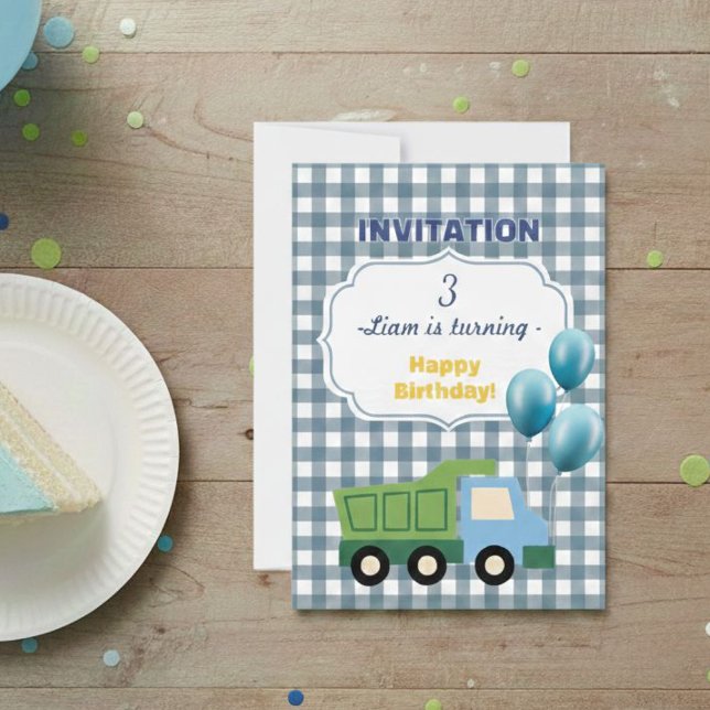 Trendy Gingham Blue Construction 3rd Birthday  Einladung (Von Creator hochgeladen)