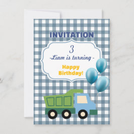 Trendy Gingham Blue Construction 3rd Birthday Einladung