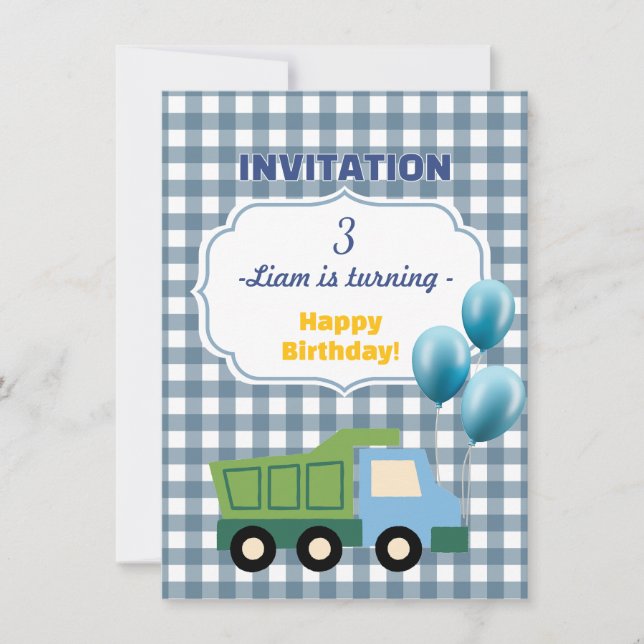Trendy Gingham Blue Construction 3rd Birthday  Einladung (Vorderseite)