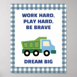 Trendy Gingham Blue Work Hard Play Hard Boys Room Poster