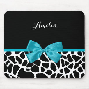 Trendy Giraffe Animal Print Turquoise Bow und Name Mousepad