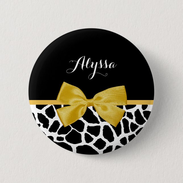 Trendy Giraffe Print Golden Yellow Bow mit Namen Button (Vorderseite)