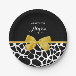 Trendy Giraffe Print Golden Yellow Bow mit Namen Pappteller