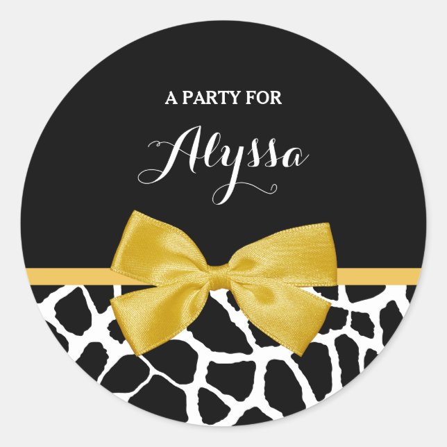 Trendy Giraffe Print Golden Yellow Bow mit Namen Runder Aufkleber (Vorderseite)