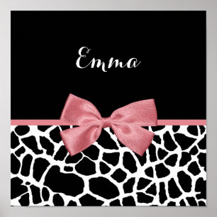 Trendy Giraffe Print Rosy Pink Bow mit Namen Poster