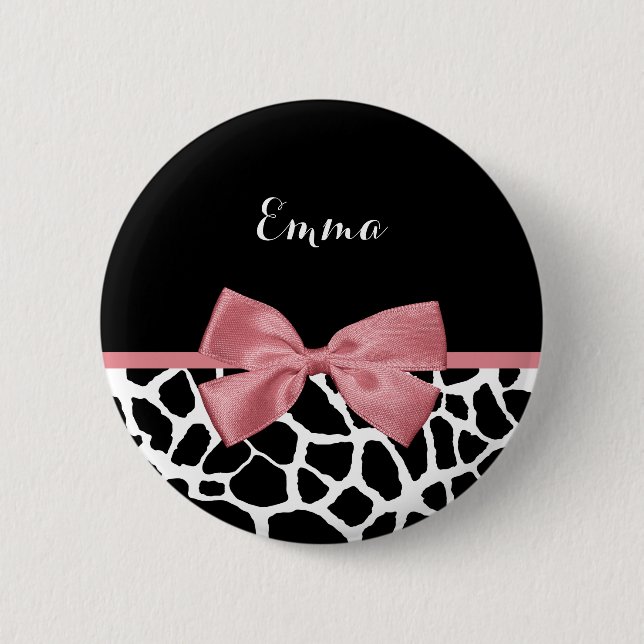 Trendy Giraffe Print Rosy rosa Bow mit Namen Button (Vorderseite)