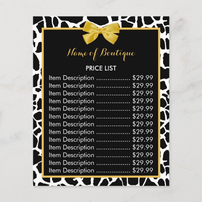 Trendy Giraffe Print Yellow Bow Boutique Price Flyer (Vorne)
