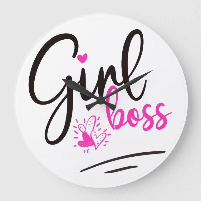 Trendy Girl Boss Typography Pink Black hearts Große Wanduhr (Vorderseite)