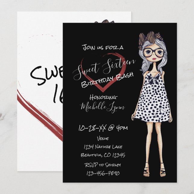 Trendy Girl n Heart Schwarz-weiß Sweet 16 Birthday Einladung (Vorne/Hinten)