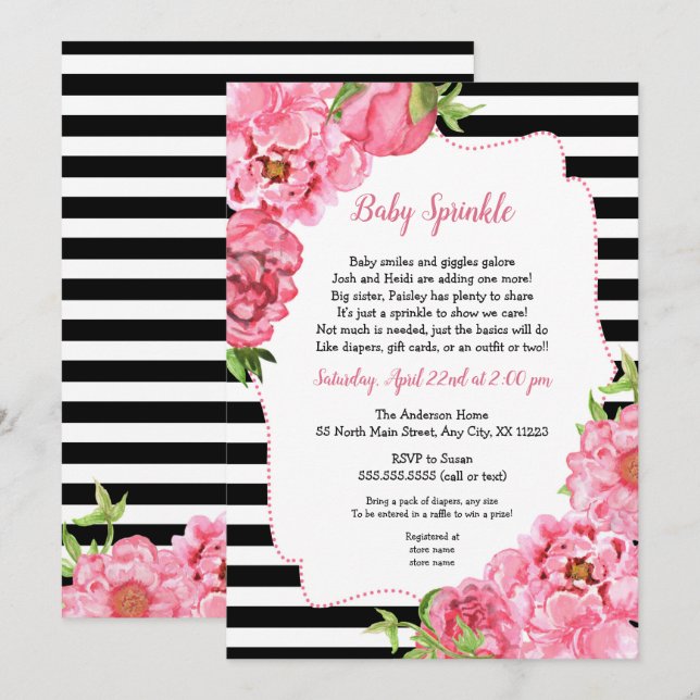 Trendy Girl Pink Floral Baby Einladungen (Vorne/Hinten)