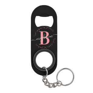Trendy Girly Pink Black Name Script Mit Monogramm  Mini Flaschenöffner