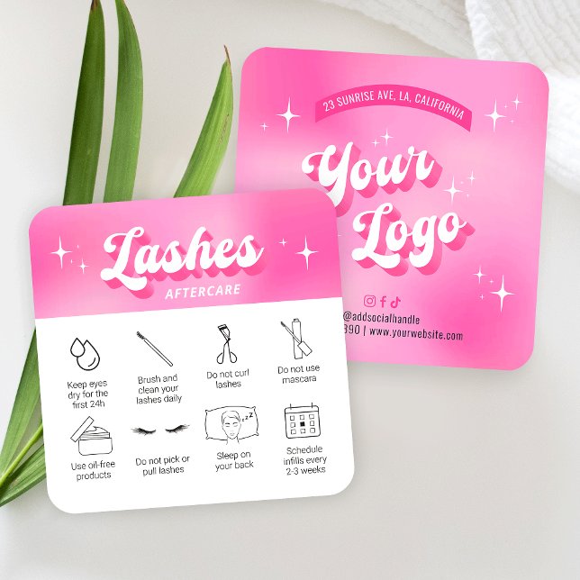 Trendy Girly Pink Lash Extensions Aftercare Cards Quadratische Visitenkarte (Trendy lash extensions care cards with icons, featuring girly pink design, care icons & retro fonts)