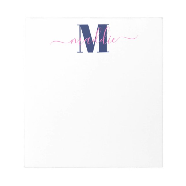 Trendy Girly Script Monogram, Blue und Pink Notizblock (Vorderseite)