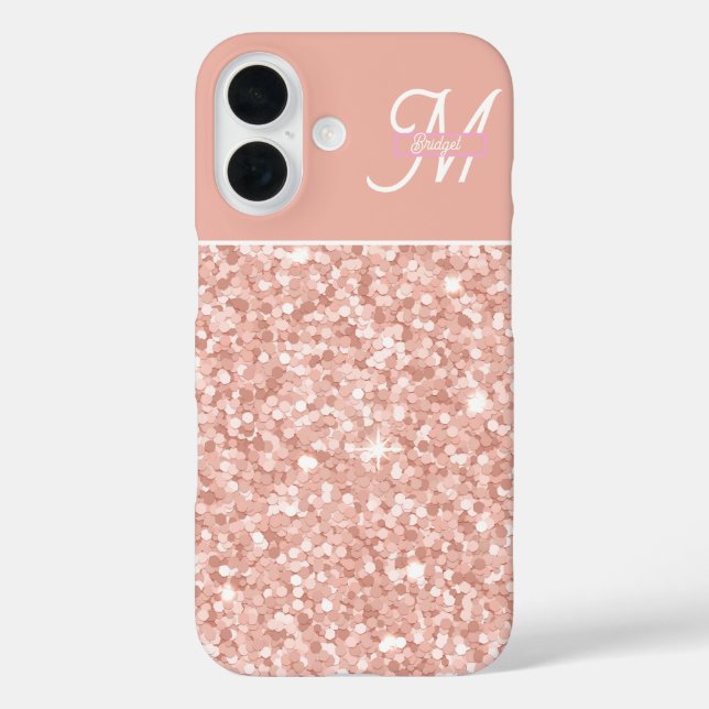trendy girly Soft Blush Sparkle Monogram name iPhone 16 Hülle (Rückseite)