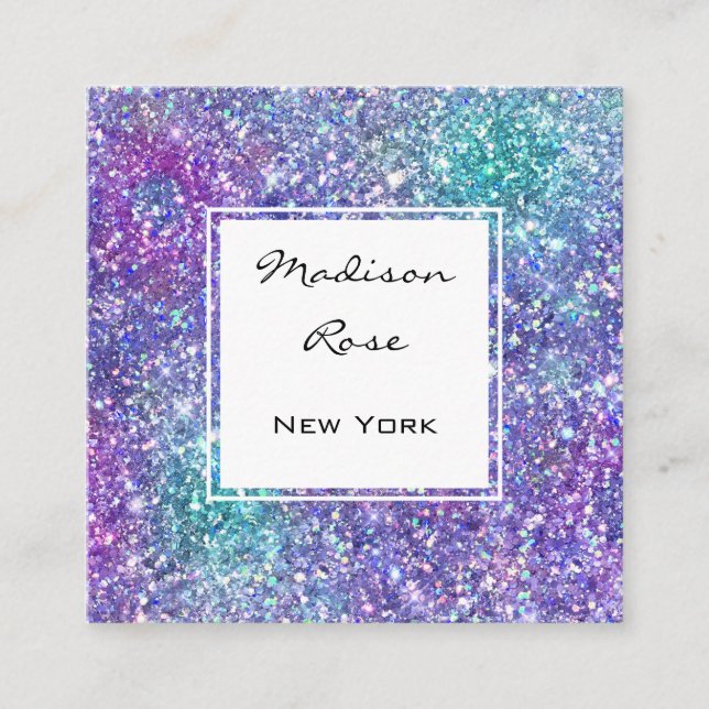 Trendy Glam Lila, Blue & Green Glitzer Glitzern Quadratische Visitenkarte (Vorderseite)