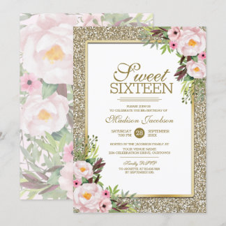 Trendy Glitzer Gold Floral Sweet 16 Party Einladung