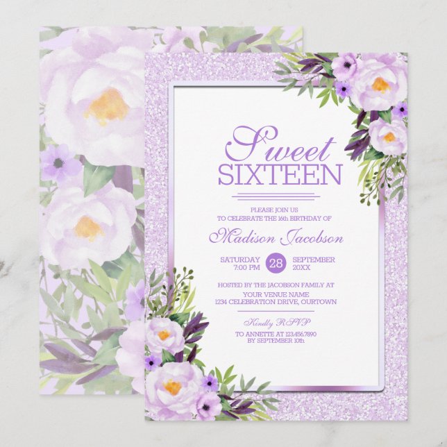 Trendy Glitzer Lila Floral Sweet 16 Party Einladung (Vorne/Hinten)
