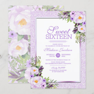 Trendy Glitzer Lila Floral Sweet 16 Party Einladung