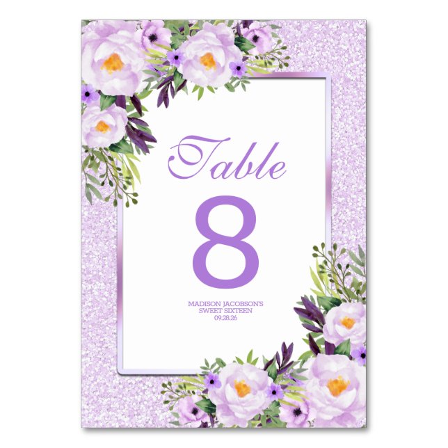 Trendy Glitzer Lila Floral Sweet 16 Tischnummer (Vorderseite)