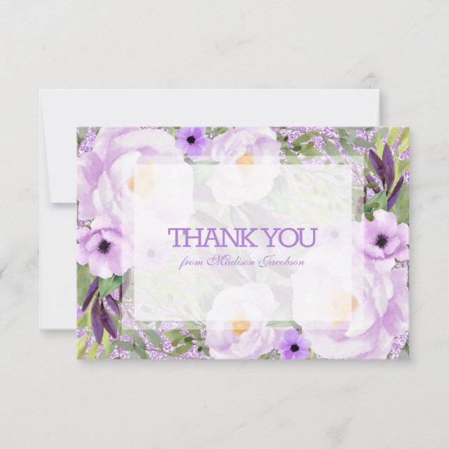 Trendy Glitzer Lila Floral Sweet 16 Vielen Dank Dankeskarte (Vorderseite)