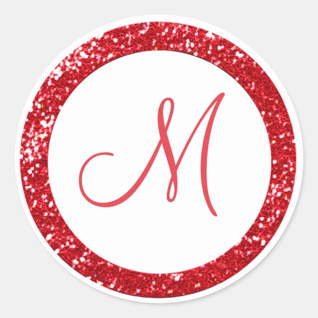 Trendy Glitzer Monogram Stickers: Rot Runder Aufkleber (Vorderseite)