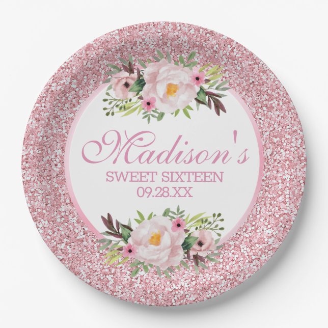Trendy Glitzer Pink Floral Sweet 16 Pappteller (Vorderseite)