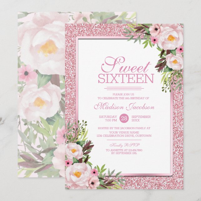 Trendy Glitzer Pink Floral Sweet 16 Party Einladung (Vorne/Hinten)