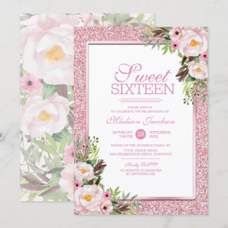Trendy Glitzer Pink Floral Sweet 16 Party Einladung