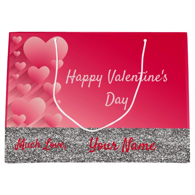 Trendy Glitzer Pink Hearts Valentine Name Geschenk Große Geschenktüte (Vorderseite)