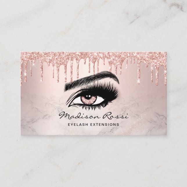 Trendy Glitzer Rose Gold Tropfen Lashes Marmor Visitenkarte (Vorderseite)