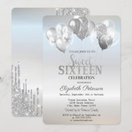 Trendy Glitzer Tropfens Balloons Silver Sweet 16 Einladung