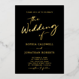 Trendy Gold Calligraphy auf Black Wedding Folieneinladung