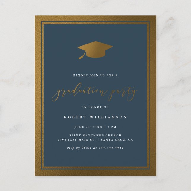 Trendy Gold Cap & Navy Graduation Party Einladungspostkarte (Vorderseite)