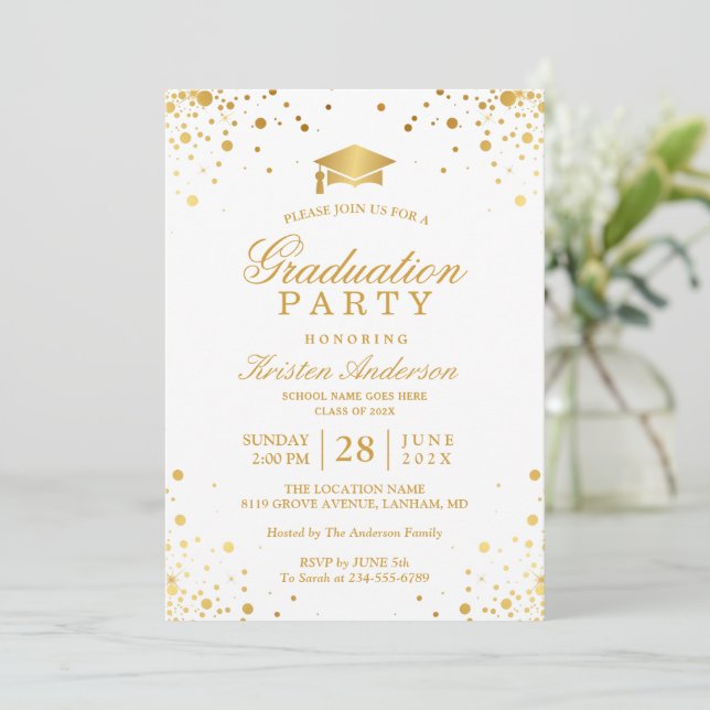 Trendy Gold Confetti Dots Graduation Party Foto Einladung (Stehend Vorderseite)