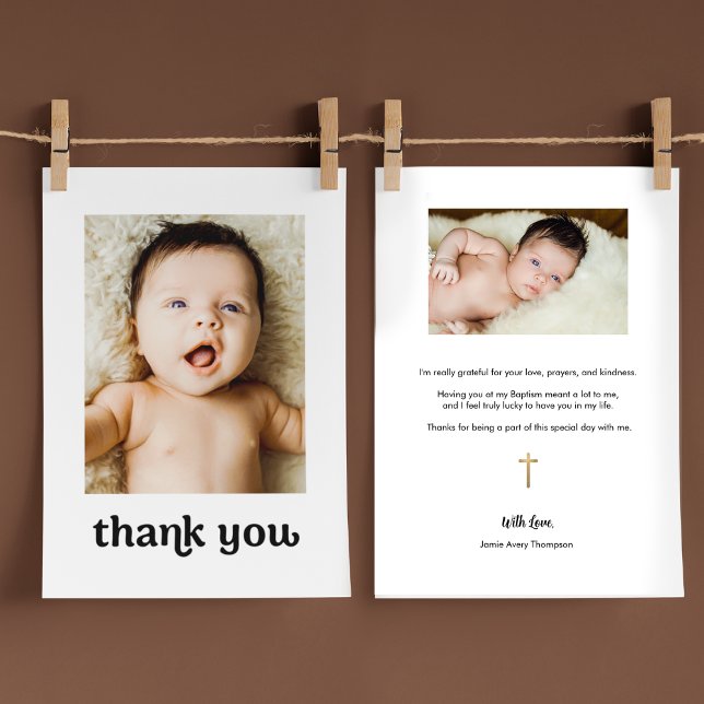 Trendy Gold cross Modern 2 Baby Fotos Taufe Dankeskarte (Trendy Typography Baby baptism thank you with gold cross and 2 photos)