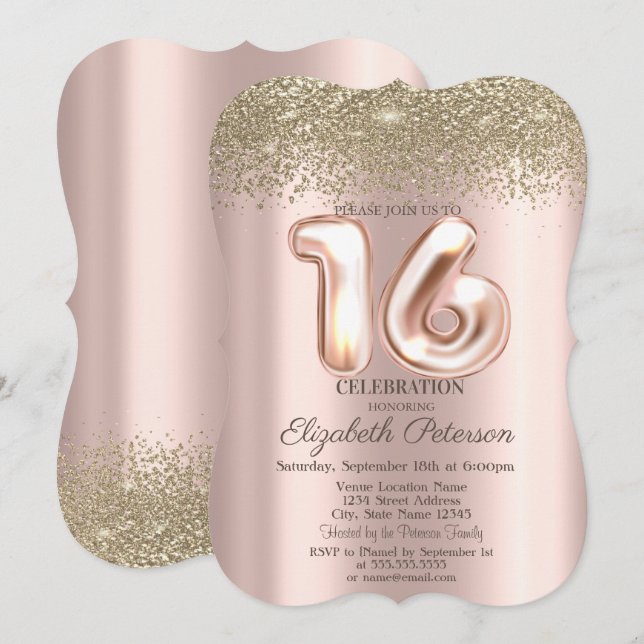 Trendy Gold Diamonds Rose Gold Sweet 16 Einladung (Vorne/Hinten)