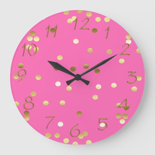Trendy Gold Foil Confetti Hot Pink Große Wanduhr (Vorderseite)