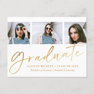 Trendy Gold Foil Script 3 Foto Abschluss Ankündigungspostkarte