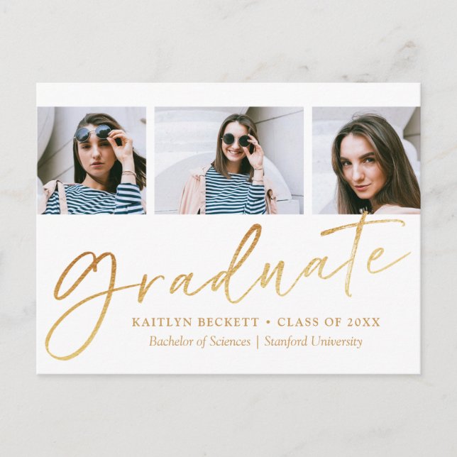 Trendy Gold Foil Script 3 Foto Abschluss Ankündigungspostkarte (Vorderseite)