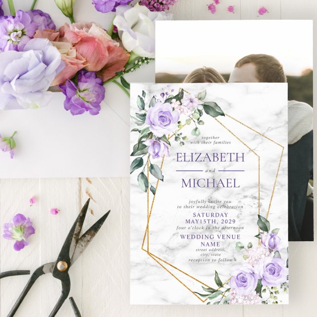 Trendy Gold Geometric Lilac Floral Marble Foto Einladung (Von Creator hochgeladen)