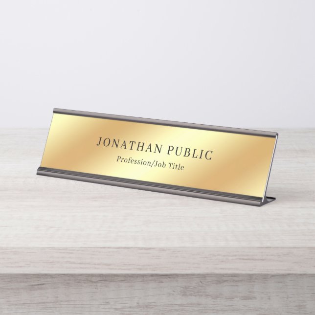 Trendy Gold Glamour Template Moderne Elegante Schw Schreibtischnamensplakette (Vorderseite )
