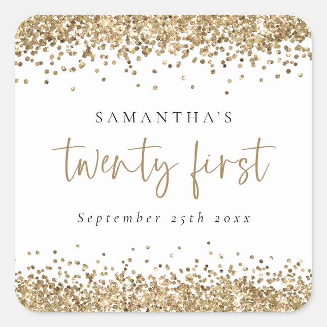 Trendy Gold Glitzer Datum 21. Party Quadratischer Aufkleber (Vorderseite)