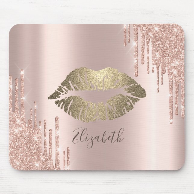 Trendy Gold Glitzer Lips Rose Gold Glitzer Tropfen Mousepad (Vorne)