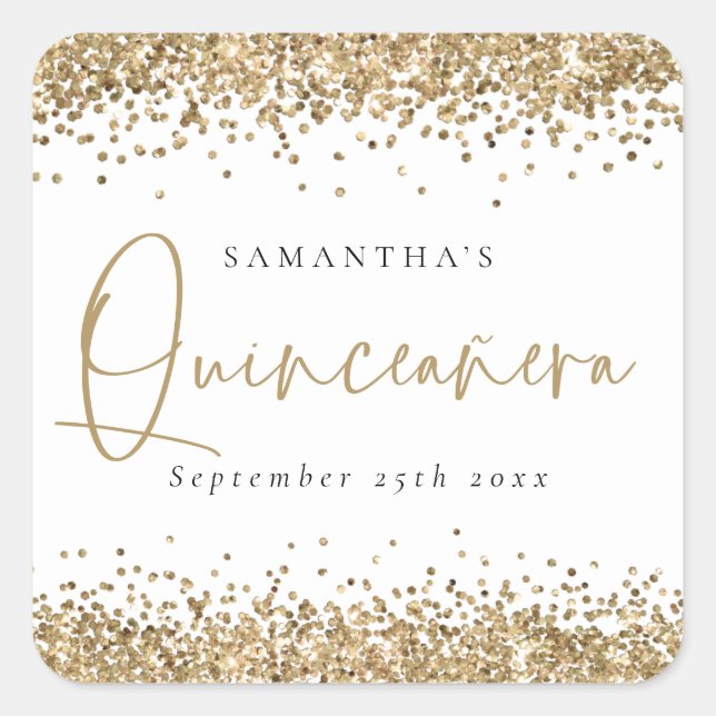 Trendy Gold Glitzer Name Datum Quinceañera Party Quadratischer Aufkleber (Vorderseite)
