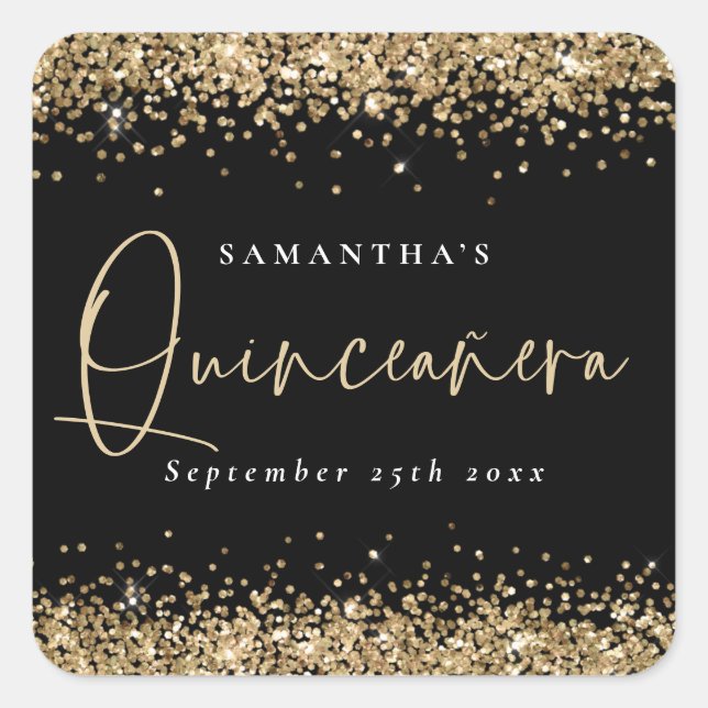 Trendy Gold Glitzer Name Datum Quinceañera schwarz Quadratischer Aufkleber (Vorderseite)