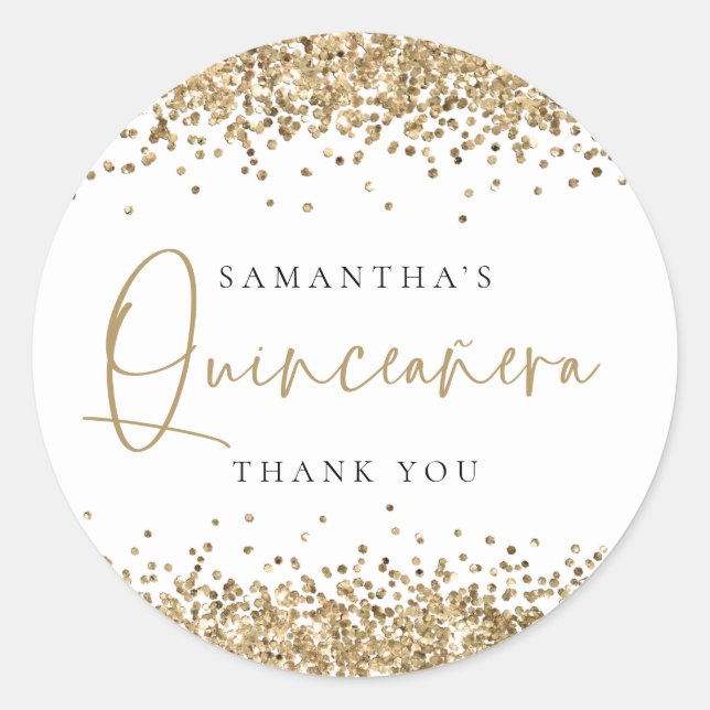 Trendy Gold Glitzer Name Quinceañera Vielen Dank Runder Aufkleber (Vorderseite)