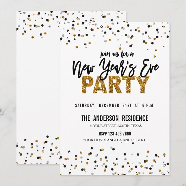 Trendy Gold Glitzer Silvester Party Einladung (Vorne/Hinten)
