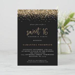 Trendy Gold Glitzer Sweet 16 Geburtstagsparty Blac Einladung